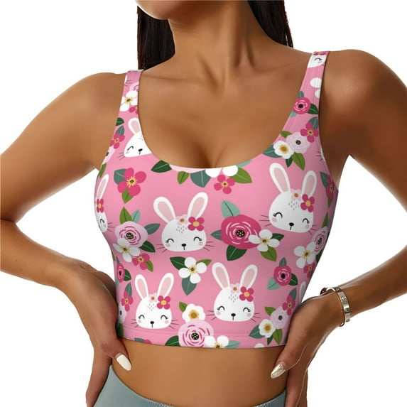 Fotbe Rose Rabbit Pattern Womens' Sports Bra Longline Wirefree Padded with Medium Support Sports Moisture-Wicking Workou Vest,Tank Top-XX-Large