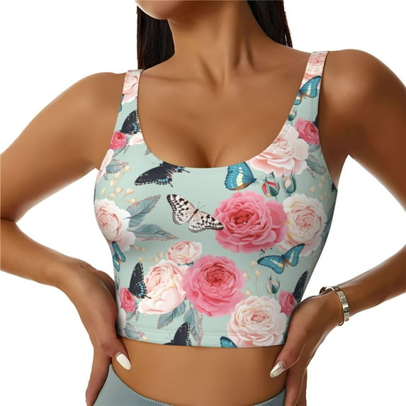 Fotbe Roses and Butterflies Pattern Womens' Sports Bra Longline Wirefree Padded with Medium Support Sports Moisture-Wicking Workou Vest,Tank Top-Small