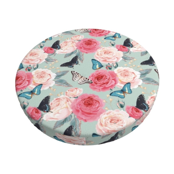 Fotbe Roses and Butterflies Stool Covers Round,Waterproof Round Bar Stool Covers Bar Chair Covers Washable Stool Cushion Slipcover for 12-14 Inch Chair-14 inch