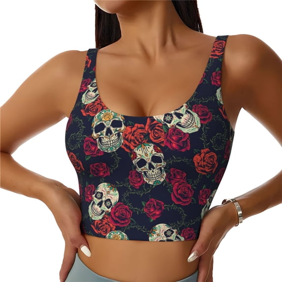 Fotbe Roses Skulls Pattern Womens' Sports Bra Longline Wirefree Padded with Medium Support Sports Moisture-Wicking Workou Vest,Tank Top-XX-Large