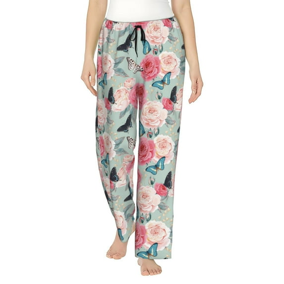 Fotbe Roses and Butterflies Women's Pajama Pants,Sleepwear Pants,Pj Bottoms Drawstring And Pockets-Large