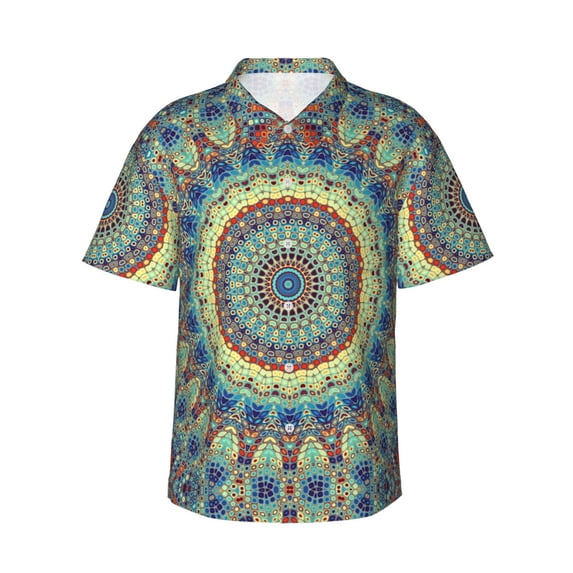 Fotbe Round Mandala1 Hawaiian Shirt For Men Unisex Summer Beach Casual Short Sleeve Cotton Linen Button Down Shirts-Large
