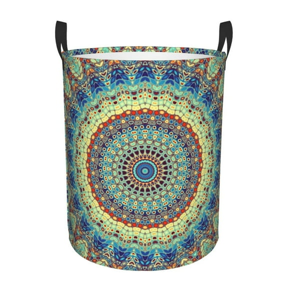 Fotbe Round Mandala1 Laundry Basket with Handles, Waterproof Large Laundry Hamper, Wash Bag for Corner Dorm, Rolling Laundry Basket with Handles-Small