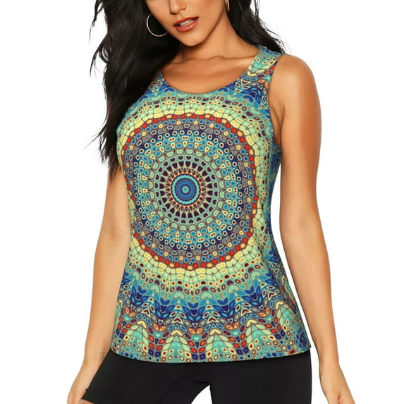 Fotbe Round Mandala1 Womens Loose Fit Casual Flowy Slim-Fit Tank Tops Athletic Round Neck Trendy Sleeveless Summer Tops for Gym and Yoga-Large