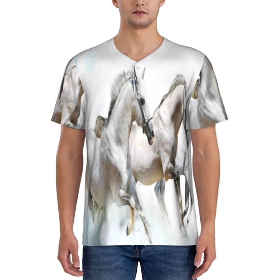 Fotbe Running White Horses Baseball Jersey Shirt for Men and Women, Casual Short Sleeves Button Down T-Shirt-Large