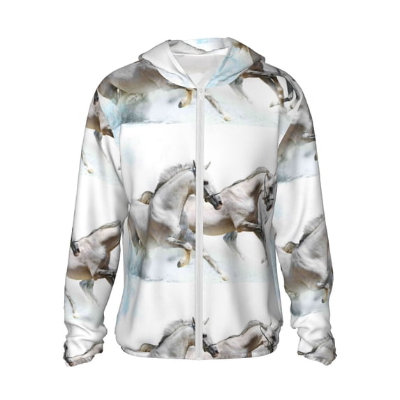 Fotbe Running White Horses Men's Women's UPF 50+ Sun Protection Jacket Hooded Cooling Shirt with Pockets Hiking Outdoor Performance-Small