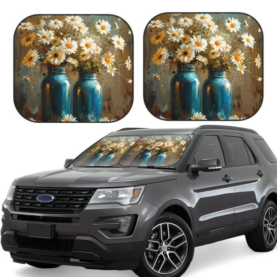 Fotbe Rustic Daisy Mason Jars 2-Piece Car Windshield Sun Shade | Sun Blocker for Car Windshield | Foldable Automotive Interior Accessories for Sun Protection-Medium