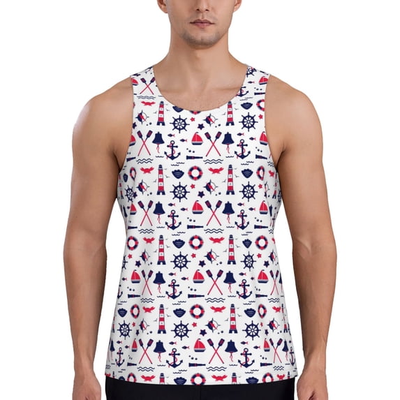 Fotbe Sailing Marine Travel Pattern Men's Quick Dry Workout Tank Top Gym Muscle Tee Fitness Bodybuilding Sleeveless T Shirt Breathable Workout Shirt-X-Large