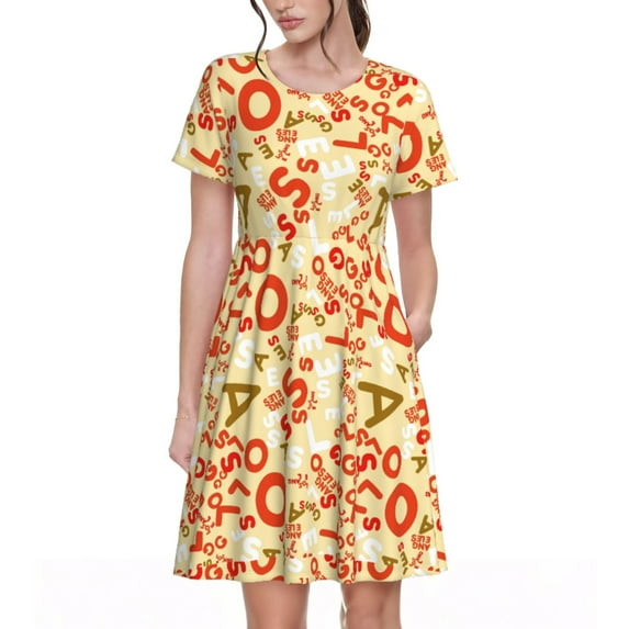 Fotbe Scandinavian Alphabet2 Pattern Dress Casual Womens Fashion Short Sleeve Maxi Dress T Shirt Dress Striped Long Color Block Maxi Dress