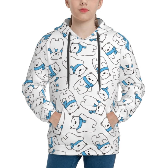 Fotbe Scarf Bear Pattern Youth Pullover Hooded Sweatshirt, Boys Hoodie, Kangaroo Pocket Hoodie for Kids Girls -Large