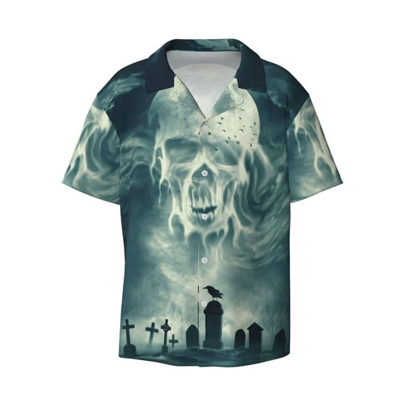Fotbe Scary Moon And Clouds print Short Sleeve Button Down Shirts for Men Casual Summer Beach Wrinkle Free Shirt-Large