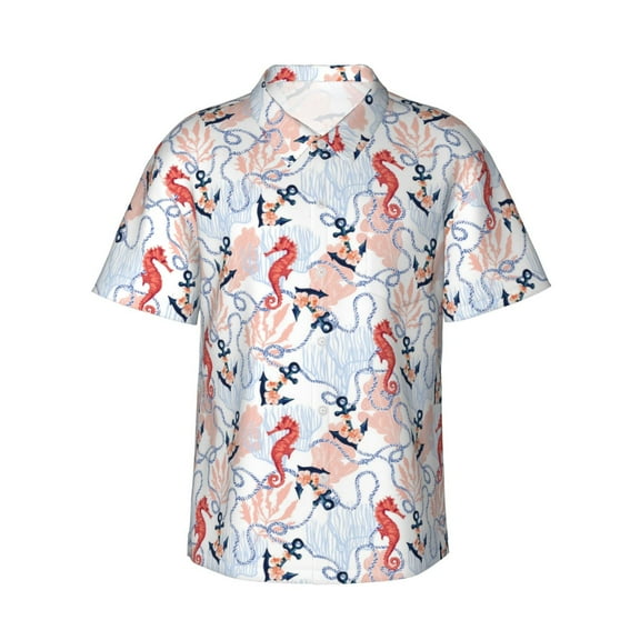 Fotbe Sea Horse And Corals Hawaiian Shirt for Men Unisex Summer Beach Casual Short Sleeve Cotton Linen Button Down Shirts-Small