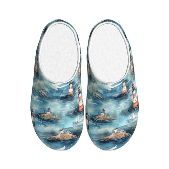 Fotbe Sea Marine And Lighthouse Pattern Women's Fuzzy Curly Fur Memory Foam Loafer Slippers Indoor Outdoor Slippers Winter Home Shoes-46/47