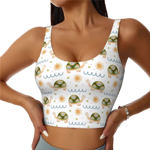Fotbe Sea Turtle Basking in the Sun Pattern Womens' Sports Bra Longline Wirefree Padded with Medium Support Sports Moisture-Wicking Workou Vest,Tank Top-