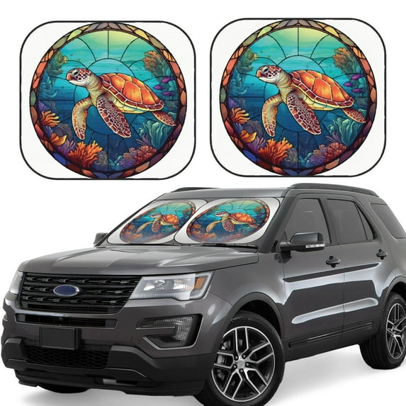 Fotbe Sea Turtle in Coral 2-Piece Car Windshield Sun Shade | Sun Blocker for Car Windshield | Foldable Automotive Interior Accessories for Sun Protection-Large