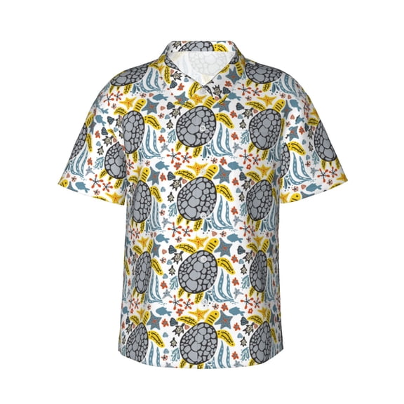 Fotbe Sea Turtle Hawaiian Shirt for Men Unisex Summer Beach Casual Short Sleeve Cotton Linen Button Down Shirts-Large