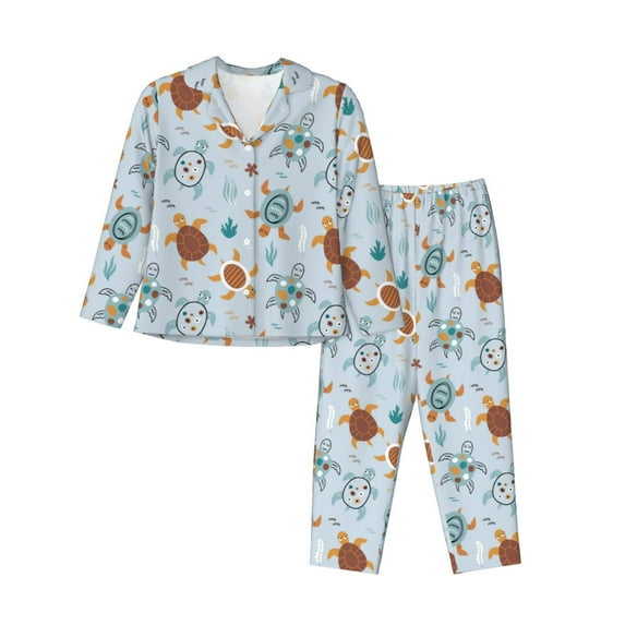 Fotbe Sea Turtle Pattern Long Sleeve Pajama Set for Women,Sleepwear Set,2-piece Loungewear Set,Soft PJs Comfy Nightwear with Pockets -Small