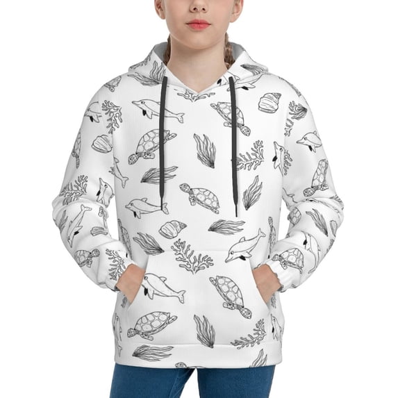 Fotbe Sea Turtle Pattern Youth Pullover Hooded Sweatshirt, Boys Hoodie, Kangaroo Pocket Hoodie for Kids Girls -Large