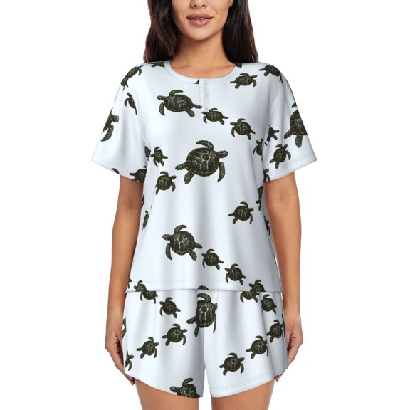 Fotbe Sea Turtle Print Pajama Set for Women 2 Piece Loungewear Short Sleeve Tops and Shorts Set Soft Sleepwear-4X-Large