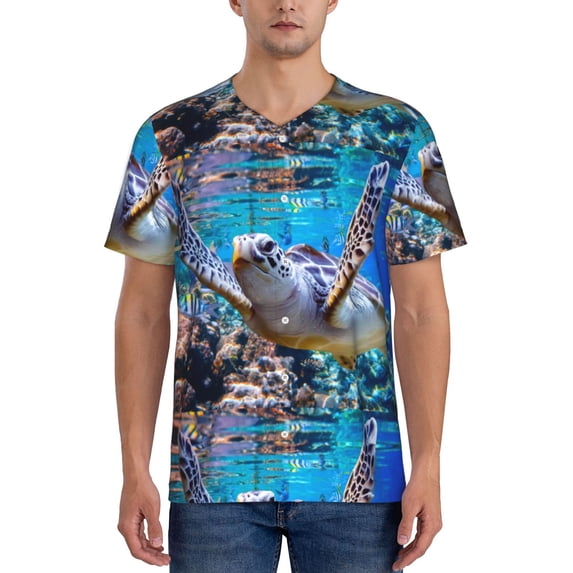 Fotbe Sea Turtle Swims Baseball Jersey Shirt for Men and Women, Casual Short Sleeves Button Down T-Shirt-Small