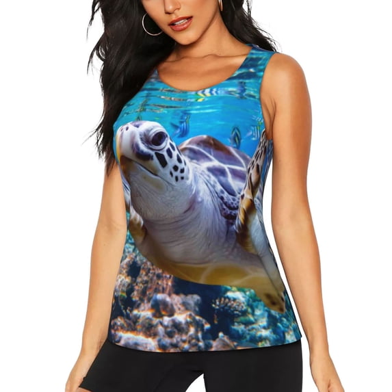 Fotbe Sea Turtle Swims Womens Loose Fit Casual Flowy Slim-Fit Tank Tops Athletic Round Neck Trendy Sleeveless Summer Tops for Gym and Yoga-