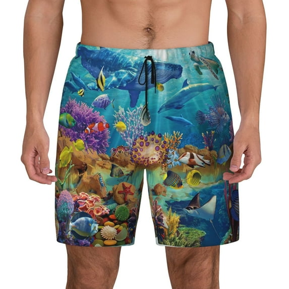 Fotbe Sea World Men’s Swim Trunks Quick Dry Swim Shorts Board Shorts with Mesh Lining-3X-Large
