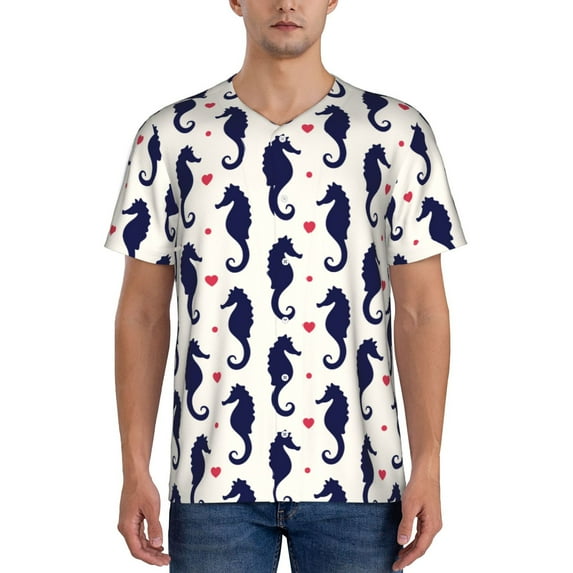 Fotbe Seahorses and Hearts Baseball Jersey Shirt for Men and Women, Casual Short Sleeves Button Down T-Shirt-X-Large