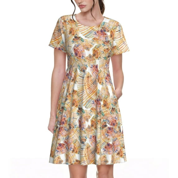Fotbe Seashells Pattern Dress Casual Womens Fashion Short Sleeve Maxi Dress T Shirt Dress Striped Long Color Block Maxi Dress