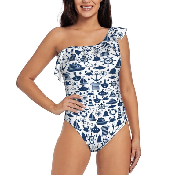 Fotbe Seaside Primary Color Women's One Piece Swimsuits One Shoulder Swimwear Ruched Tummy Control Bathing Suits Cutout Monokini-Small