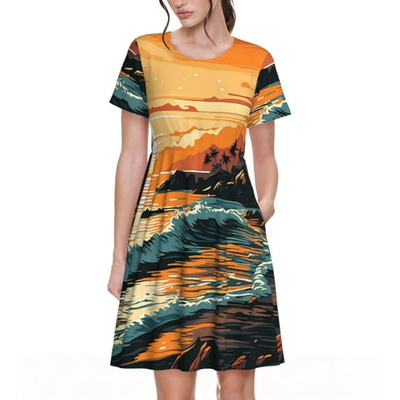 Fotbe Serene Ocean Sunset Pattern Dress Casual Womens Fashion Short Sleeve Maxi Dress T Shirt Dress Striped Long Color Block Maxi Dress
