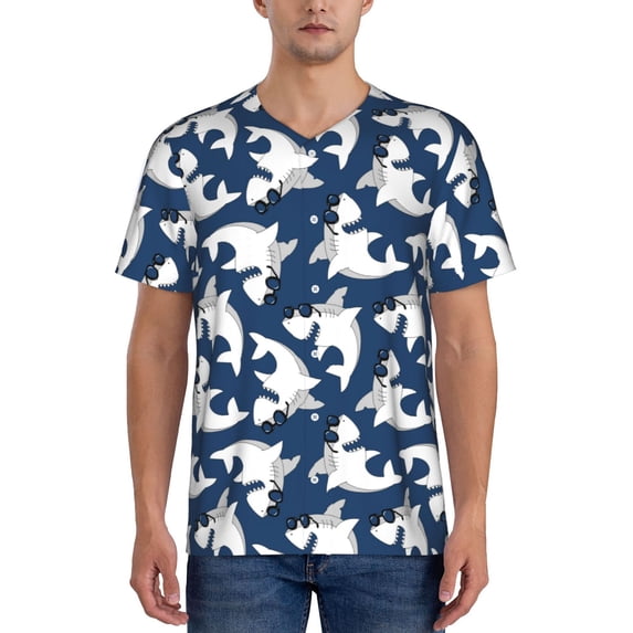 Fotbe Shark Baseball Jersey Shirt for Men and Women, Casual Short Sleeves Button Down T-Shirt-Medium