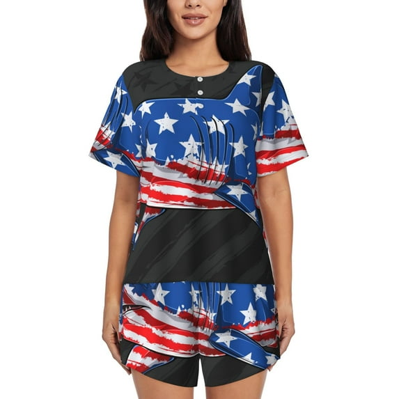 Fotbe Shark With USA Flag Print Pajama Set for Women 2 Piece Loungewear Short Sleeve Tops and Shorts Set Soft Sleepwear-Small