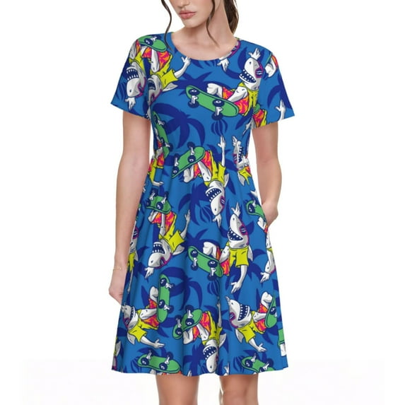 Fotbe Sharks Skateboarding With Palm Pattern Dress Casual Womens Fashion Short Sleeve Maxi Dress T Shirt Dress Striped Long Color Block Maxi Dress