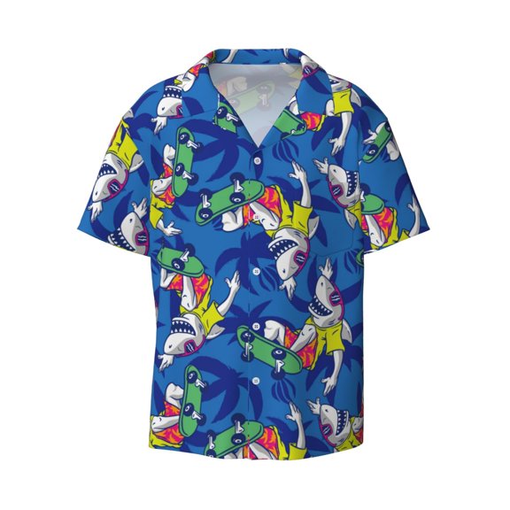 Fotbe Sharks Skateboarding With Palm print Short Sleeve Button Down Shirts for Men Casual Summer Beach Wrinkle Free Shirt-X-Large