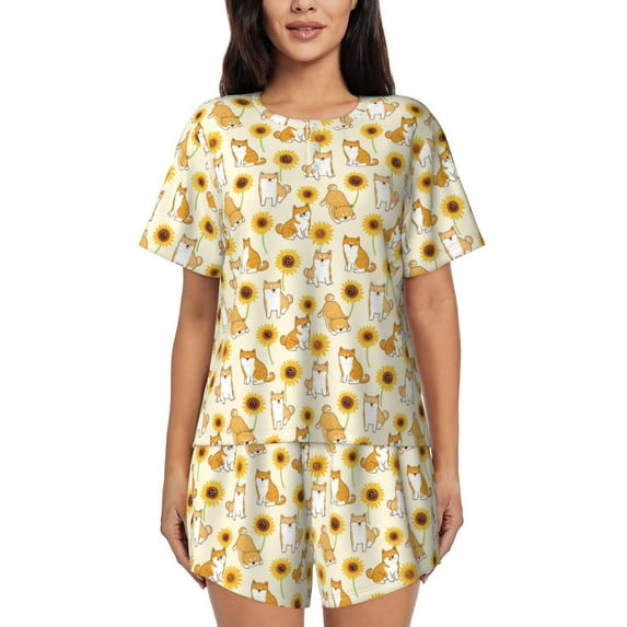 Fotbe Shiba Inu Sunflower Print Pajama Set for Women 2 Piece Loungewear Short Sleeve Tops and Shorts Set Soft Sleepwear-3X-Large