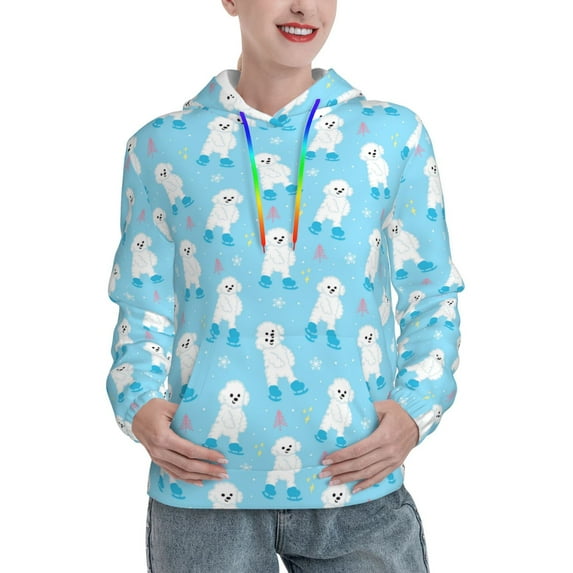 Fotbe Skating Poodle Fun Pattern Womens Long Sleeve Hoodie, Pullover Hooded Sweatshirt, Kangaroo Pocket Hoodie with Eye-catching Drawstrings-X-Large
