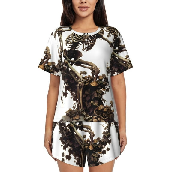 Fotbe Skeleton Dance with Mushrooms Print Pajama Set for Women 2 Piece Loungewear Short Sleeve Tops and Shorts Set Soft Sleepwear-Small