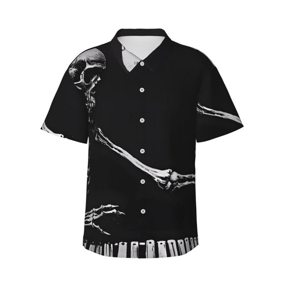 Fotbe Skeleton Playing Xylophone Hawaiian Shirt for Men Unisex Summer Beach Casual Short Sleeve Cotton Linen Button Down Shirts-