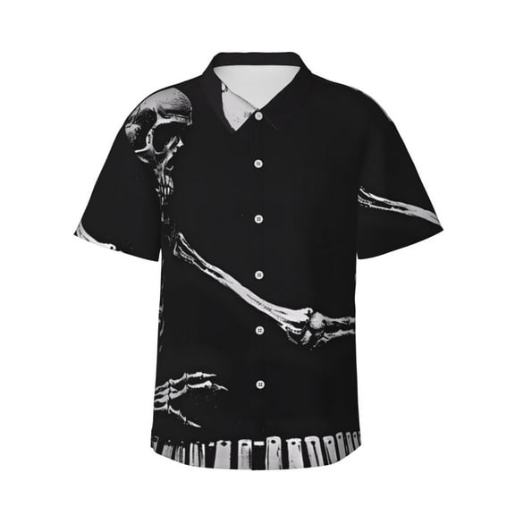 Fotbe Skeleton Playing Xylophone Hawaiian Shirt for Men Unisex Summer Beach Casual Short Sleeve Cotton Linen Button Down Shirts-XX-Large