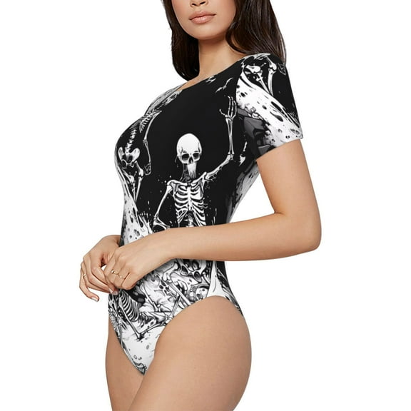 Fotbe Skeleton Wave Artwork Women's Crew Neck Short Sleeves Bodysuit Tops Round Neck Slim Sleeveless Soft Comfortable Basic-X-Large