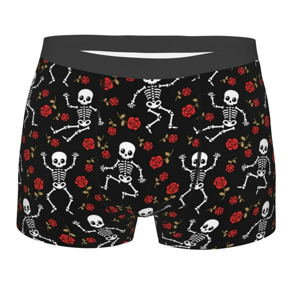 Fotbe Skeleton with Roses Men’s Total Support Pouch Boxer Briefs, X-Temp Cooling, Moisture-Wicking Underwear, Regular, Long-leg and Trunk-Medium