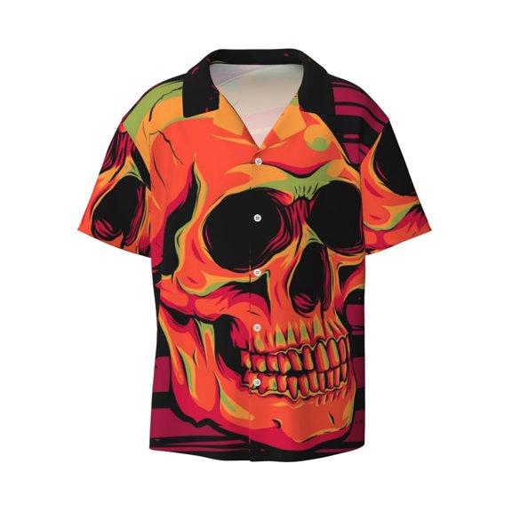 Fotbe Skull And Flag Usa print Short Sleeve Button Down Shirts for Men Casual Summer Beach Wrinkle Free Shirt-Medium