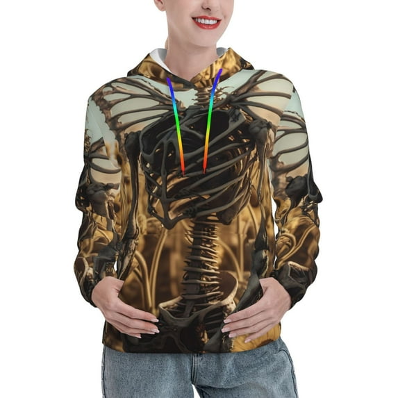 Fotbe Skull Butterfly Sunflower Pattern Womens Long Sleeve Hoodie, Pullover Hooded Sweatshirt, Kangaroo Pocket Hoodie with Eye-catching Drawstrings-Small
