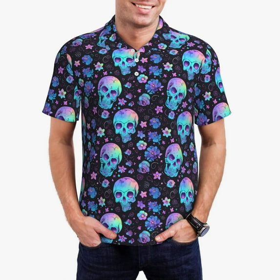 Fotbe Skull Flower Blue Pattern Men’s Golf Polo Shirt – Breathable Performance Golf Shirt with Button-Down Collar-X-Large