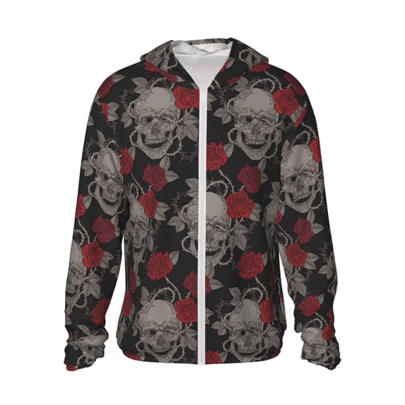 Fotbe Skull and Red Roses Men's Women's UPF 50+ Sun Protection Jacket Hooded Cooling Shirt with Pockets Hiking Outdoor Performance-3X-Large