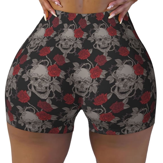 Fotbe Skull and Red Roses Seamless Shorts, Womens Workout Shorts High Waist Stretch Booty Short for Gym/Yoga/Running/Biking-Large