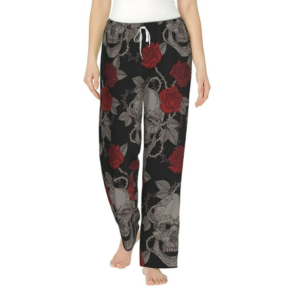 Fotbe Skull and Red Roses Women's Pajama Pants,Sleepwear Pants,Pj Bottoms Drawstring And Pockets-XX-Large
