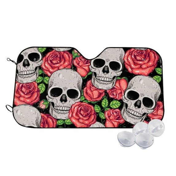 Fotbe Skull and Roses Car Windshield Sunshade | Sun Visor Protector Front Window Shade, Keeps Out UV Rays, Keeps Your Vehicle Cool-Small