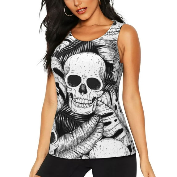 Fotbe Skull and palm leaves Womens Loose Fit Casual Flowy Slim-Fit Tank Tops Athletic Round Neck Trendy Sleeveless Summer Tops for Gym and Yoga-