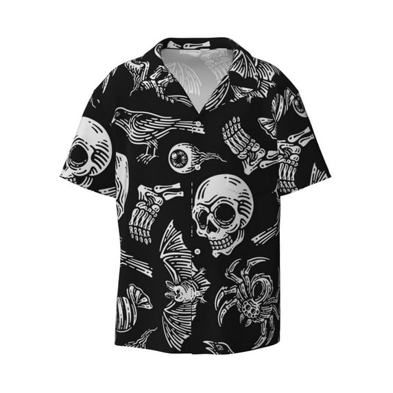 Fotbe Skull bird bat spider print Short Sleeve Button Down Shirts for Men Casual Summer Beach Wrinkle Free Shirt-Small